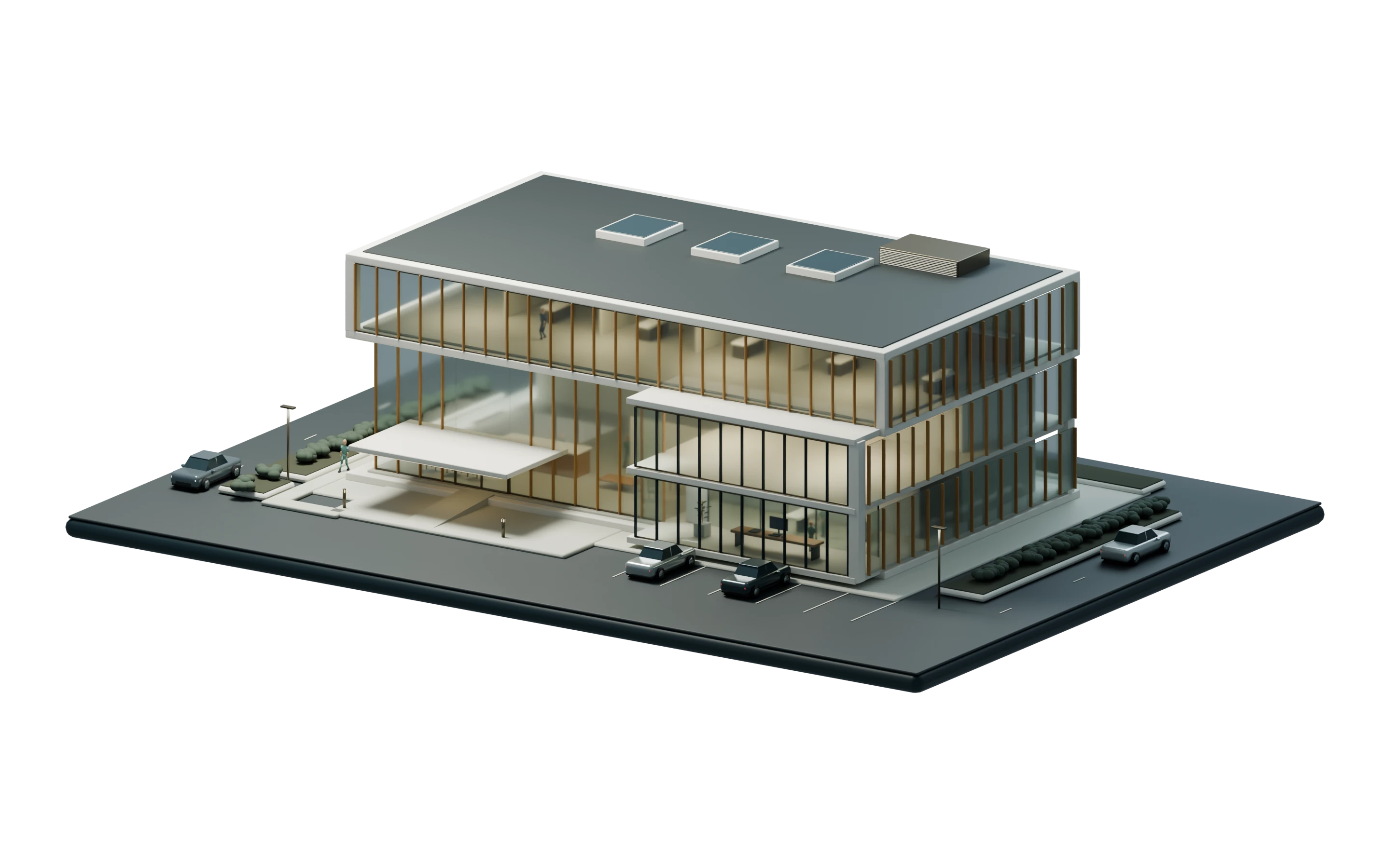 A miniature surgical facility with a clinical desk and operating room behind dark-framed glass.